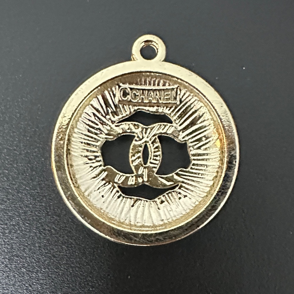 CHANEL UpCycled Gold Charm w Crystals. Stamped on Back. W Box - Picture 5 of 6